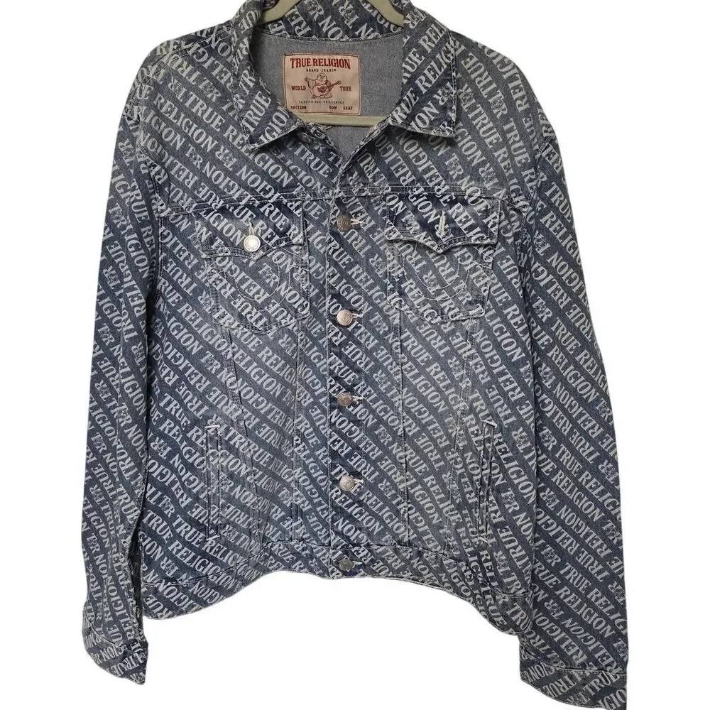True Religion Mens XL Denim Jean Jacket All Over Logo World Tour NWOT NEW